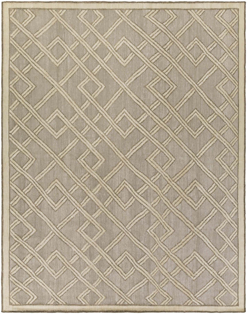 Bevier Area Rug, a hand woven rug with a geometric trellis pattern in dusty sage and light gray viscose. Design-Rectangle-810