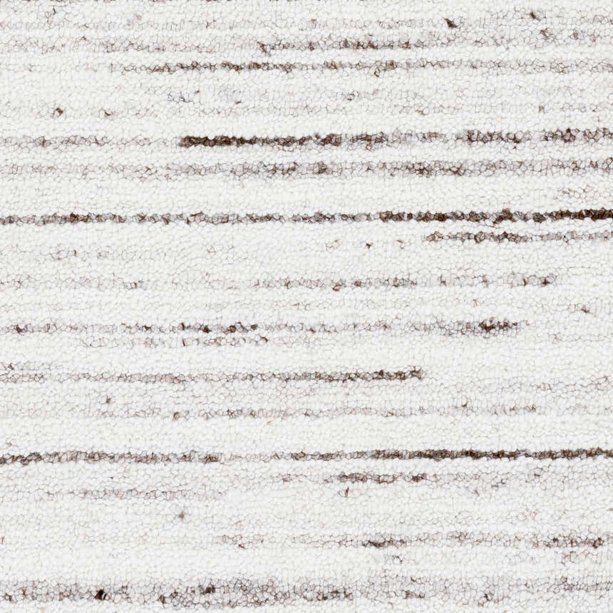 Close-up of the hand-loomed Beykoz Area Rug. Cream rug with dark brown and light beige horizontal stripes. Contemporary style. Swatch