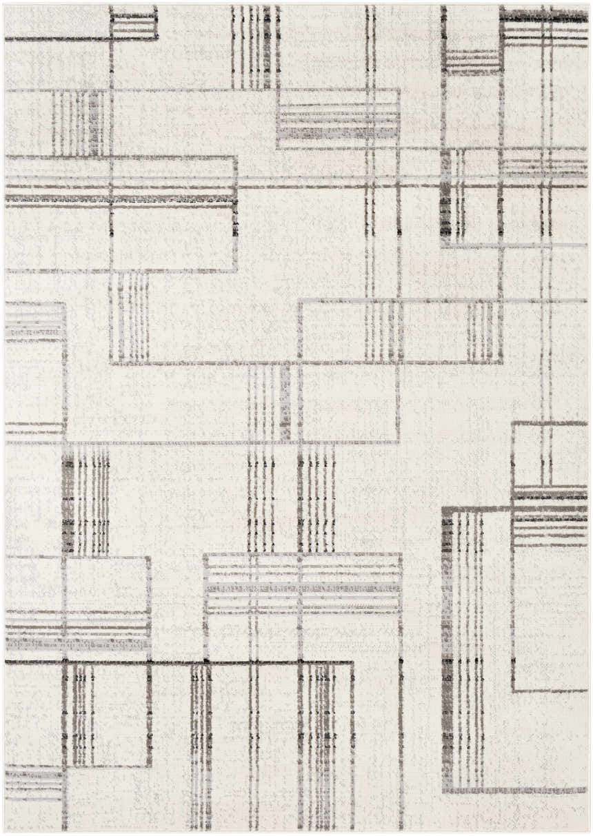 Close up of the Bidwill Area Rug: an ivory rug with a geometric gray and black line pattern. Design-Rectangle-57