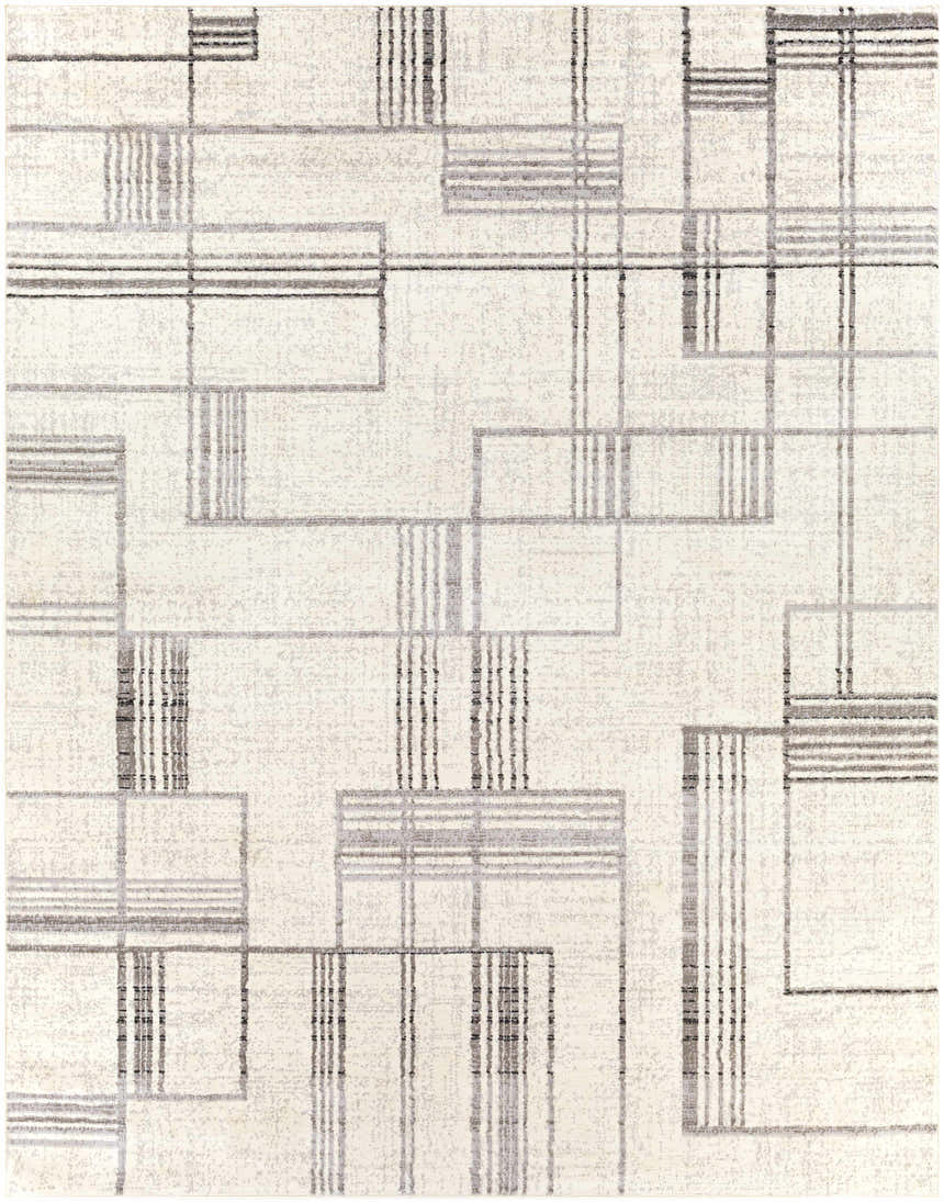 Close-up of the Bidwill Area Rug, a clearance item with a modern geometric pattern in ivory and gray tones. Design-Rectangle-71010