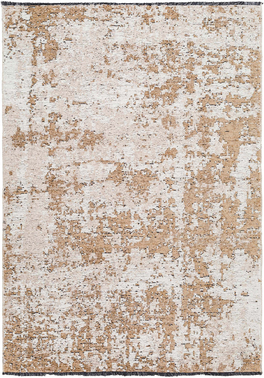 Close-up of the Binh Rustic Brown Rug with charcoal fringes. Tan and cream abstract pattern. Design-Rectangle-4117