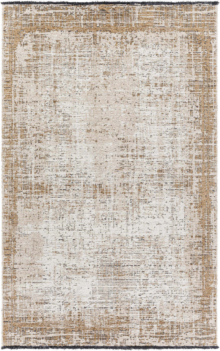 Rustic brown Binh rug with charcoal fringes. Contemporary rug with tan, cream, and charcoal distressed pattern. Design-Rectangle-537
