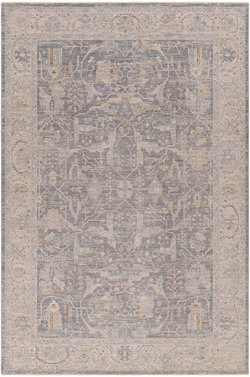 Close-up of the Binx Thick Luxe Statement Rug. Traditional pattern in brown, charcoal, dusty sage, and gray. Design-Rectangle-6796