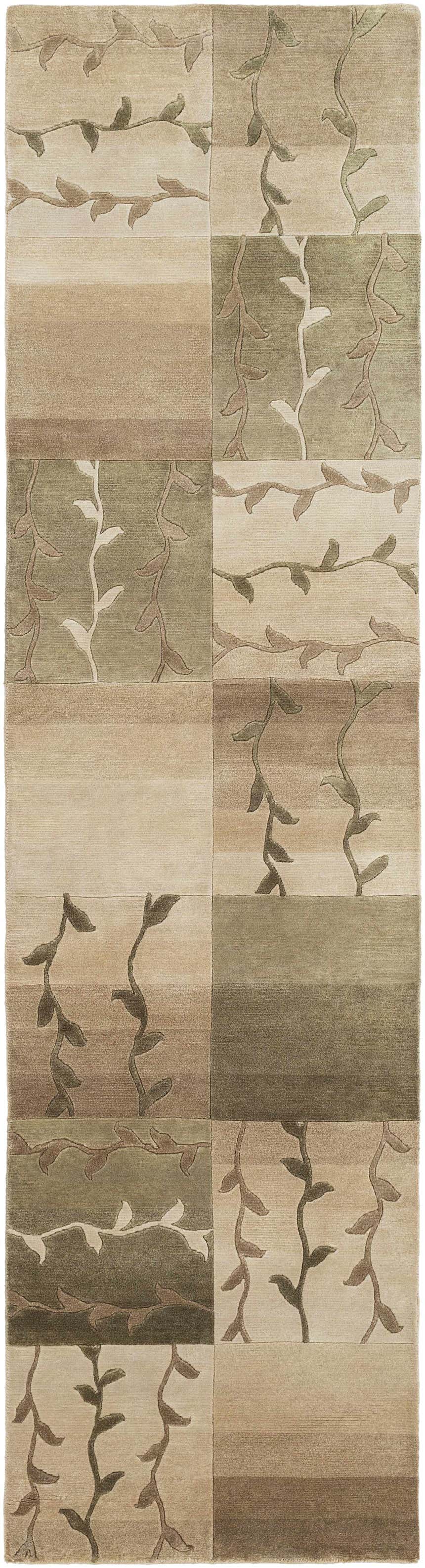 Bissell Area Carpet runner in light brown and gray. Hand-knotted 100% wool rug with contemporary vine and leaf design. Design-Runner-2610