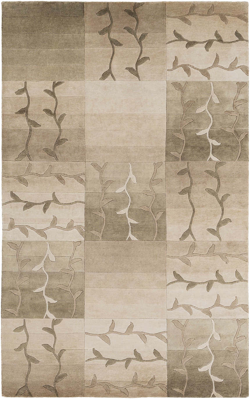 Bissell Area Carpet, a hand-knotted wool rug with a contemporary vine pattern in dark brown, light brown, and off-white tones. Design-Rectangle-58