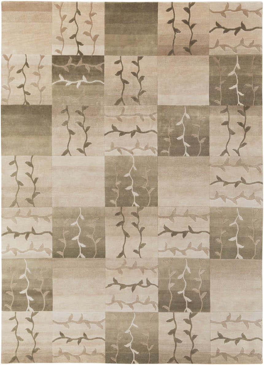 Close-up of the Bissell Area Carpet. Hand-knotted wool rug with a contemporary block pattern and vine design in brown and gray tones. Design-Rectangle-811