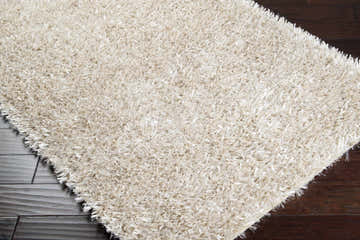 Close-up of the beige Bishop Area Rug showing its hand woven texture and polyester material on a dark wood floor. Corner