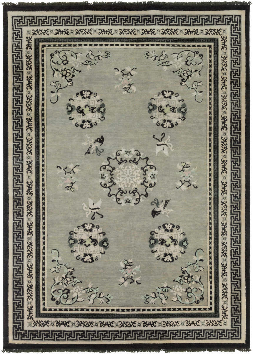 Detailed Bixby Area Rug close-up showing floral and geometric patterns in black, sage, beige, and gray wool. Design-Rectangle-811