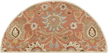 Close-up of the hearth-shaped Conesus 1112 rug. Hand-tufted wool rug in beige, brick red, brown, and blue floral pattern. Design-Hearth