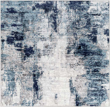 Close-up of the Baldwyn Area Rug, featuring a contemporary abstract pattern in shades of black, charcoal, blue, and white. Design-Square-67