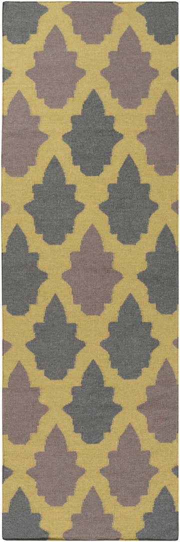 Close-up of the Blevins Area Rug. Hand-woven wool rug with brown, charcoal, and olive geometric pattern. Design-Runner-268