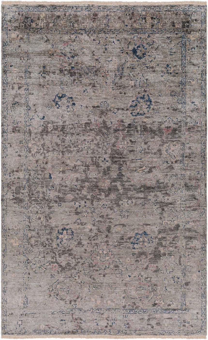 Close-up of the Ballantrae Premium Rug: a hand-knotted viscose rug in beige, charcoal, and blue with a traditional oriental pattern. Design-Rectangle-58