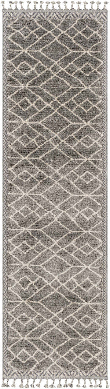 Close-up of the Ballybunnion Area Rug. Charcoal and light beige diamond pattern with tassels, bohemian style. Design-Runner-2710