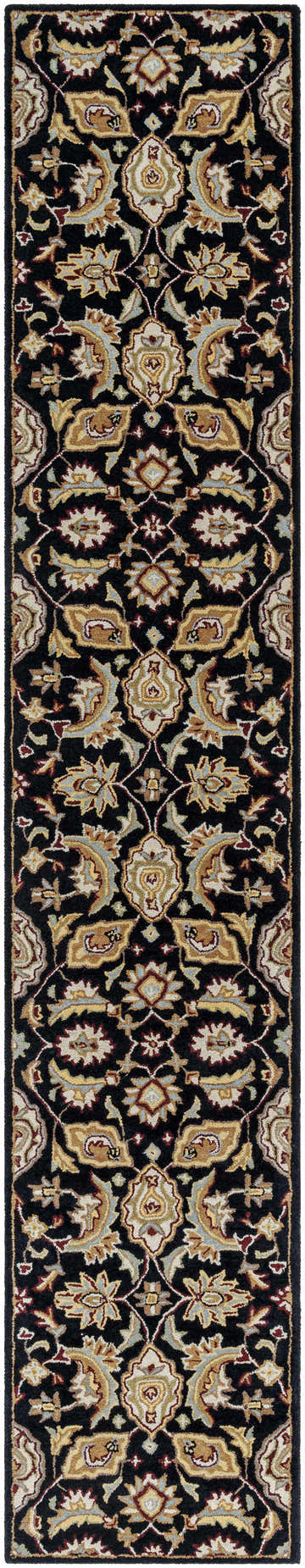 Close-up of Blomkest Black&Yellow Traditional Wool Carpet featuring a Persian-inspired floral pattern. Beige, burgundy, and sage accents. Design-Runner-2312