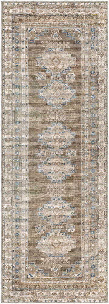 Close-up of the Baltinglass Flat Pile Washable Rug. Oriental design in blue, cream, and beige tones. Farmhouse style rug. Design-Runner-2710