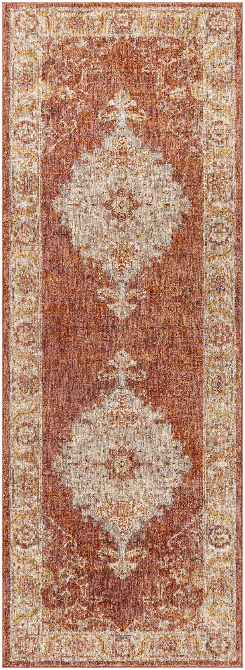 Close-up of the Bluewell Area Rug, a traditional runner with brick red, beige, and teal floral patterns. Design-Runner-2773
