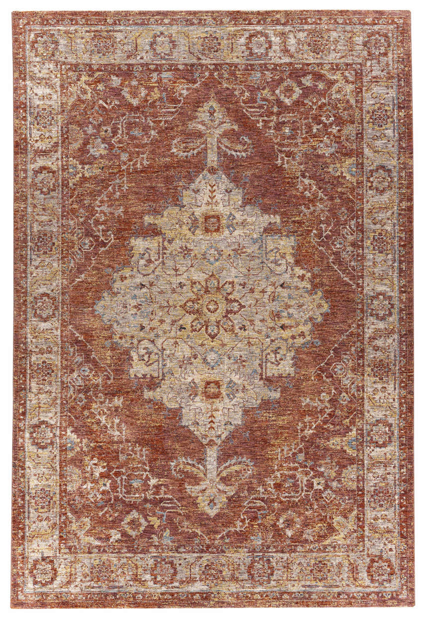 Close-up of the Bluewell Area Rug. Traditional design in brick red, charcoal, light beige, and rust colors. Polyester material. Design-Rectangle-6796