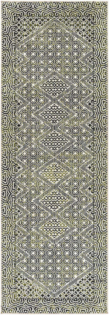 Close-up of the Bongao Washable Area Rug. Black, gray, and sage green oriental rug with a geometric diamond pattern. Design-Runner-2773