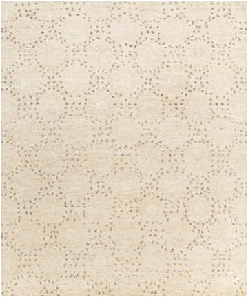 Close-up of the Banksia Area Rug. Hand-knotted wool rug in cream with a subtle brown geometric pattern. Contemporary style. Design-Rectangle-810