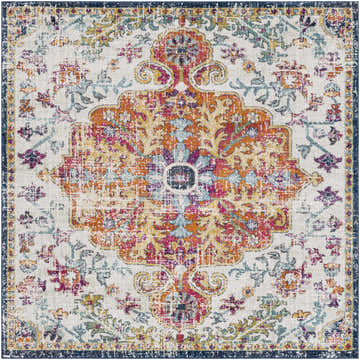 Detailed Bodrum Area Rug close-up. Features a traditional floral design in aqua, blue, orange, red, saffron, and off-white. Design-Square-67