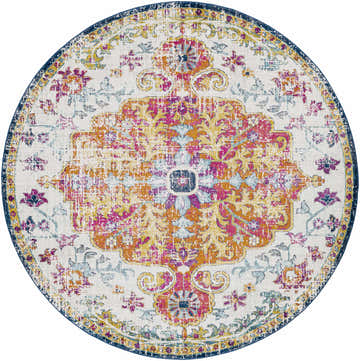 Round Bodrum Area Rug with a traditional floral pattern in aqua, blue, burgundy, and saffron on an off-white background. Design-Round-710