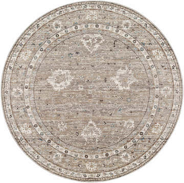 Round Bolitoc Area Rug. Brown, charcoal, ivory, pale blue, and sage traditional oriental rug pattern. Design-Round-53