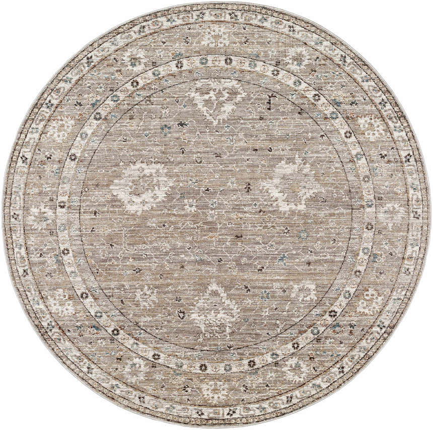 Round Bolitoc Area Rug. Brown, charcoal, ivory, pale blue, and sage traditional oriental rug pattern. Design-Round-53