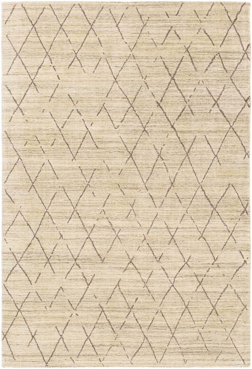Close-up of the Bonogin Area Rug, a hand-loomed rug with a tan background and dark brown diamond pattern. Design-Rectangle