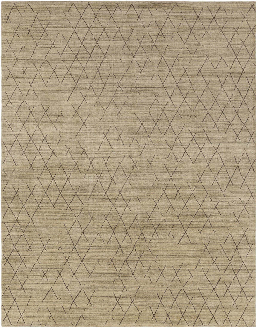 Close-up of the Bonogin Area Rug. Hand-loomed, farmhouse style with a tan background and dark brown geometric diamond pattern. Design-Rectangle-810