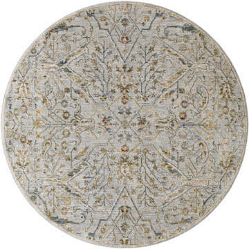 Round Bornova Luxe Oushak Rug with oriental design in cream, denim, mustard, and light gray colors. Design-Round-53