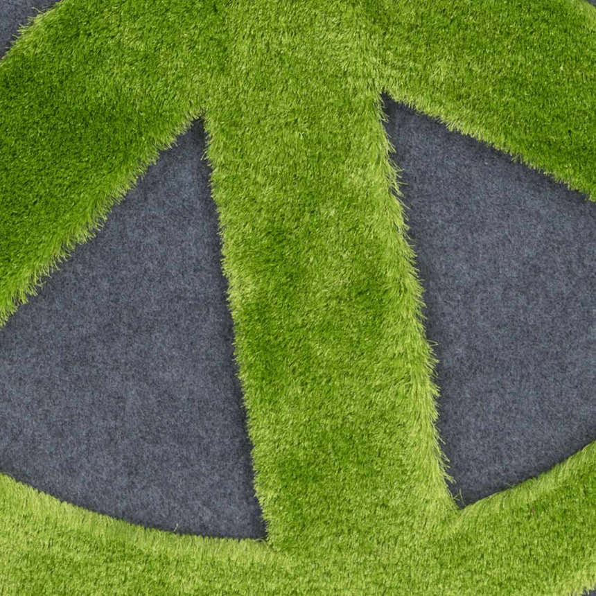 Close-up of the Peace Sign rug. Green shag peace sign on a charcoal background. Hand woven polyester rug. Swatch