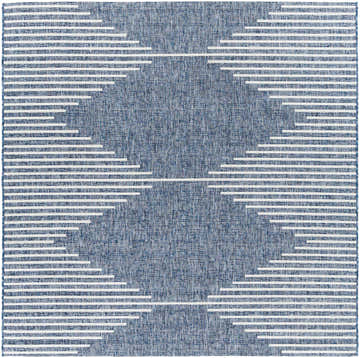 Close-up of the Stephan Navy Outdoor Rug, featuring a geometric diamond pattern in dark blue and off-white. Design-Square-7