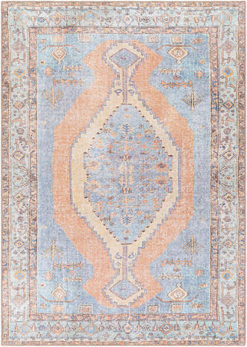 Close-up of the Bovey Washable Area Rug, showcasing its traditional Oriental pattern in aqua, blue, and coral hues. Design-Rectangle-5373