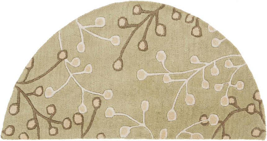 Close-up of the Olive Elsu Area Rug, a hand-tufted wool rug with a tan, brown, and olive floral pattern. Design-Hearth