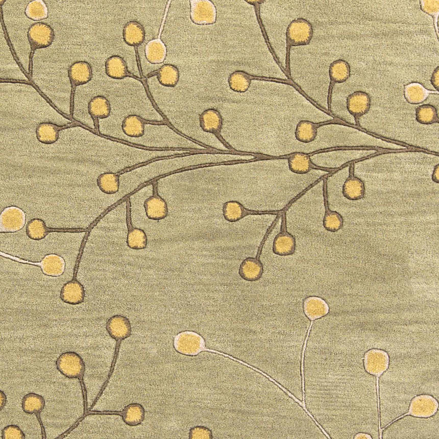 Close-up of the Olive Elsu Area Rug. Floral pattern with mustard yellow buds on brown stems against an olive green background. Swatch