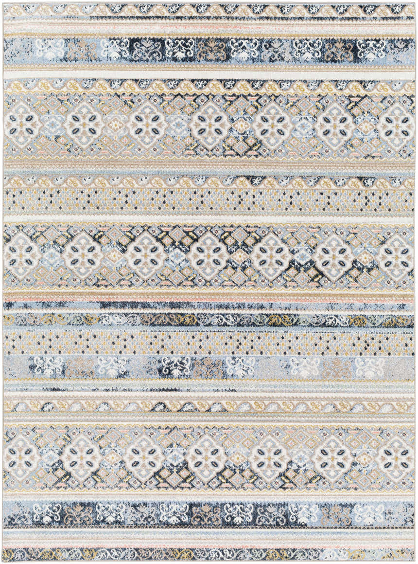 Close-up of the Boyko Washable Area Rug. Features a farmhouse-style, multi-brown, charcoal, and beige horizontal pattern. Design-Rectangle-537