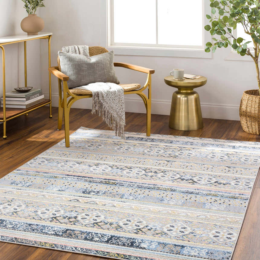 Entryway with the Boyko Washable Area Rug in charcoal, beige, and gray. Farmhouse style with gold accents and wood floors. Roomscene-Rectangle