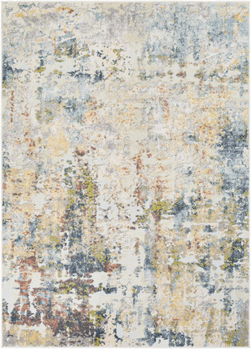 Close-up of the Bozeat Area Rug, a contemporary design in charcoal, cream, olive, and rust tones. Abstract pattern, machine woven. Design-Rectangle-5373