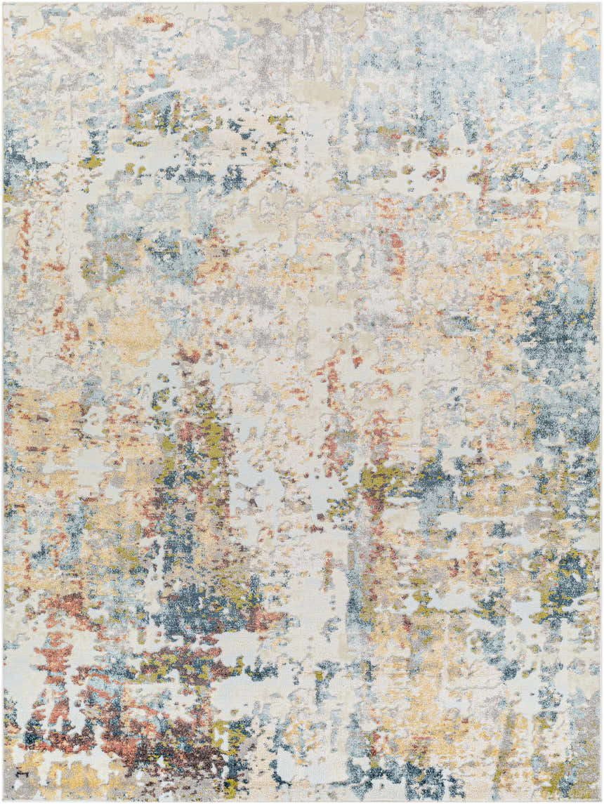 Close-up of the Bozeat Area Rug. Charcoal, cream, rust, and olive tones create a contemporary abstract design. Design-Rectangle-710103
