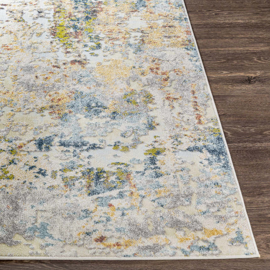 Close-up of the Bozeat Area Rug showing its cream, charcoal, olive, rust, and off-white contemporary design. Front