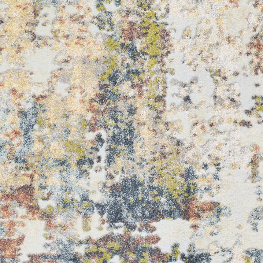 Close up of the Bozeat Area Rug showing a contemporary abstract pattern in charcoal, cream, olive, rust, and off-white. Swatch