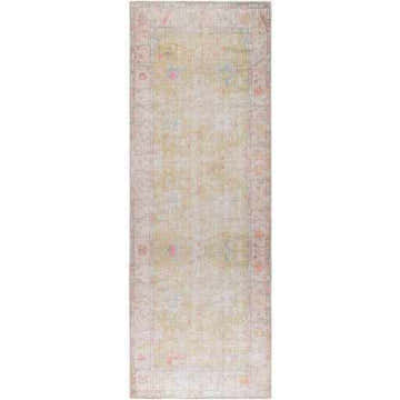 Close-up of a Bozkurt Boutique Washable Rug. Machine woven polyester rug with a vintage Persian design in cloud gray and lambswool. Design-Runner-2710