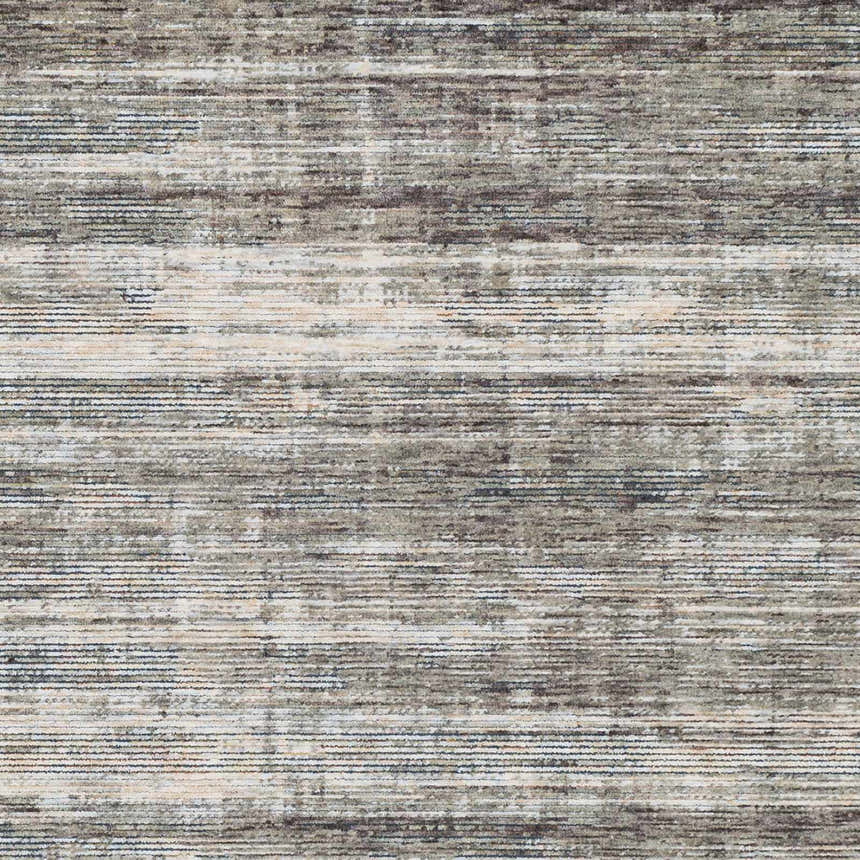 Close-up of Braxton Carved Statement Area Rug with horizontal stripes in blue, charcoal, sage, gray, and ivory. Swatch