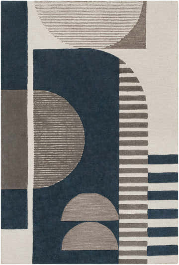 Close-up of the Brooklyn Blue&Gray Modern Wool Rug featuring geometric shapes in beige, charcoal, and teal. Hand-tufted texture. Design-Rectangle-576