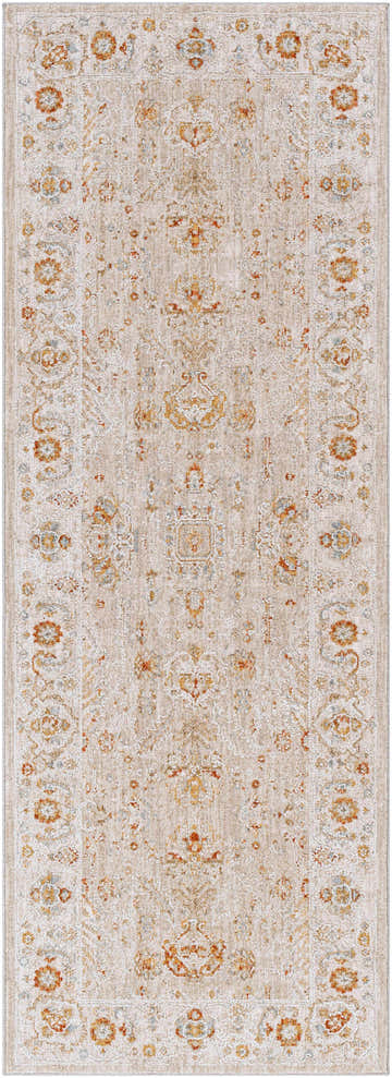 Close-up of a Bradley Oushak Thick Luxe Area Rug. Beige rug with traditional oriental floral patterns in brick red, mustard, and light gray. Design-Runner-2773