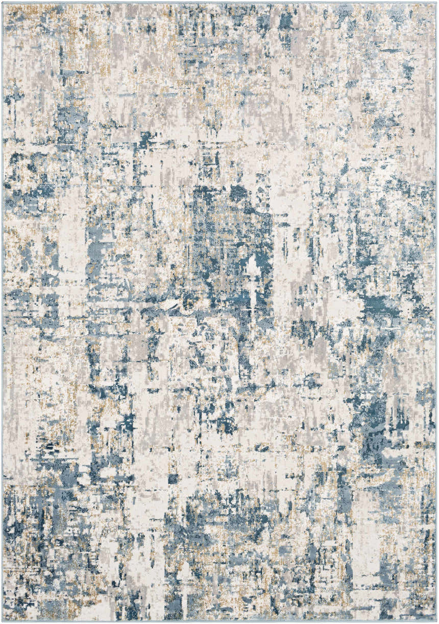 Close-up of the Bradyville Area Rug. Abstract design in shades of blue, gray, and beige on an off-white background. Design-Rectangle-5373