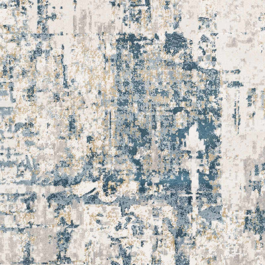 Close up of Bradyville Area Rug. Abstract pattern in shades of blue, gray, and cream. Swatch
