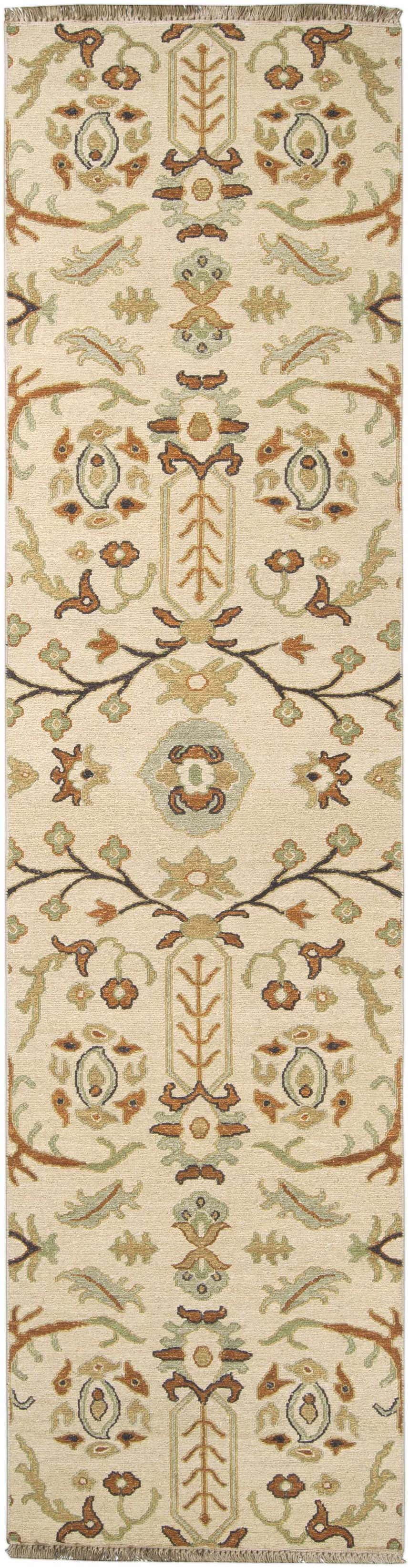 Close-up of the Brentford Carpet runner. Features a traditional floral pattern in oatmeal, brown, olive, and tan. Hand-knotted wool texture. Design-Runner-2610