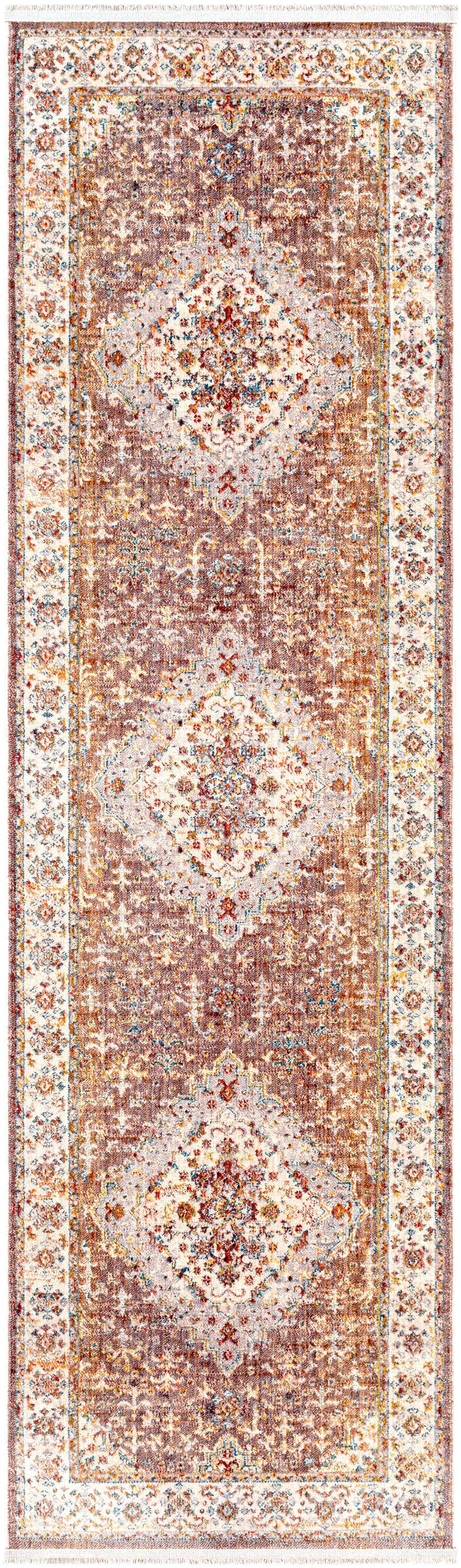 Close-up of a Bourget Area Carpet runner. Brick red, cream, blue, and gray bohemian-style rug with an oriental pattern. Design-Runner-279