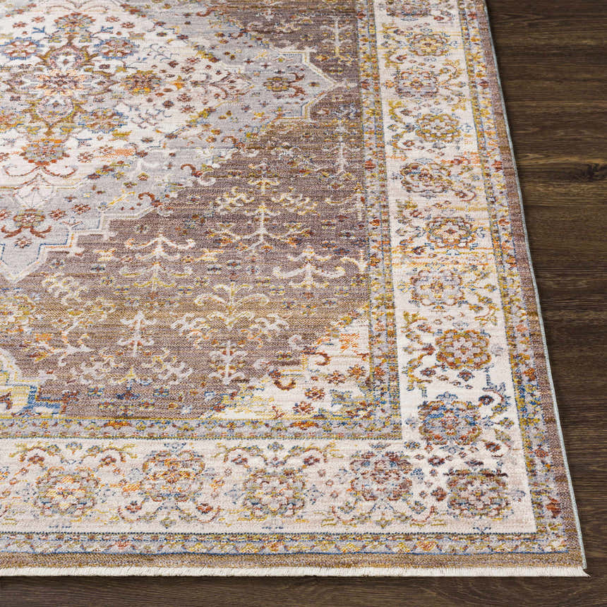 Close-up of the Bourget Area Carpet showing its brick red, cream, and blue bohemian pattern on dark wood flooring. Front